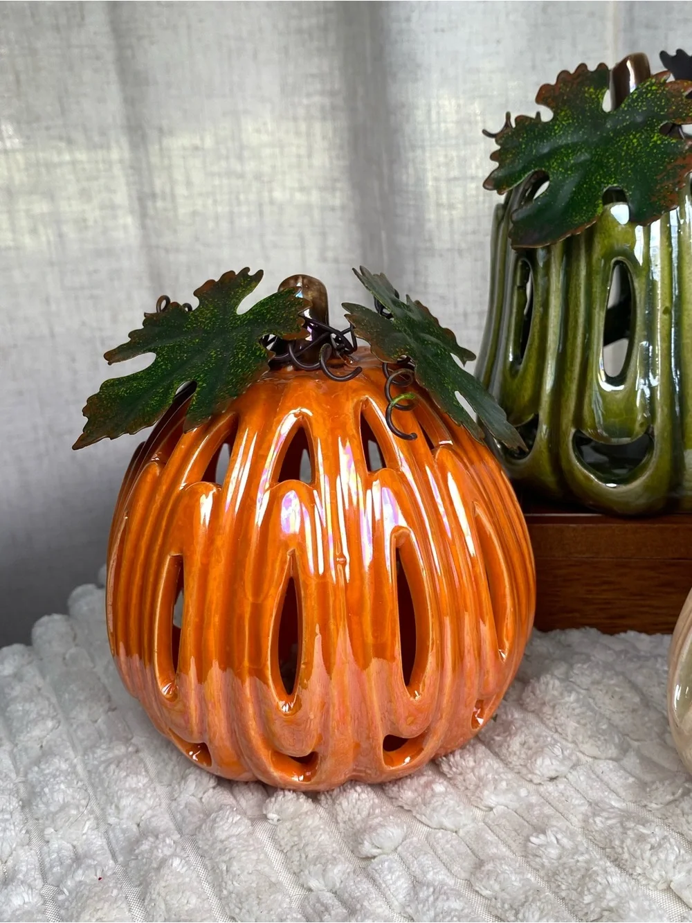 Vintage Iridescent Ceramic Pumpkin Luminary Set 3 Light Up Fall